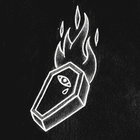 The album cover for ROAR's Diamond Destroyed of Death. It shows a burning coffin with an eye on it, crying a single tear. It is rendered like an American Traditional tattoo.