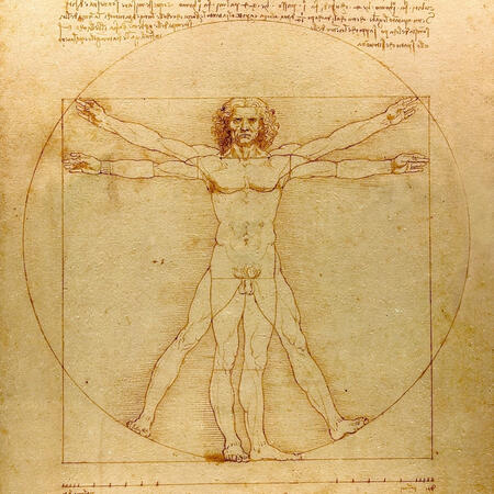 Leonardo da Vinci's "Vitruvian Man," a drawing of a nude man with curly hair. He is standing in a T and an X pose, superimposed on top of one another.