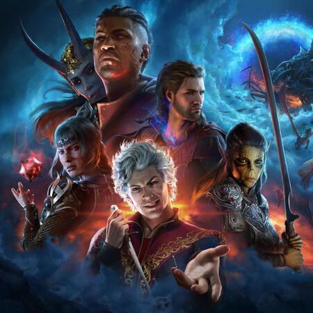 A group a fantasy humanoids, posing with weapons and magic. Behind them a fleshy alien ship emerges from a portal in the sky.