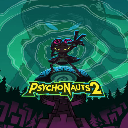 A kid with pink goggles on his head, posing on top of a brain-shaped building. The sky swirls with power, a ghostly figure overlooking it all.