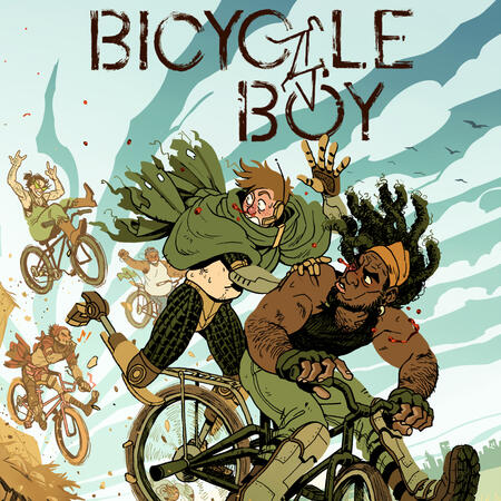 A black man and a white cyborg on a bike. Several people of bikes are chasing them through a desert. Text reads, "Bicycle Boy."