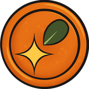 A digital drawing of a wax stamp. It is orange with subtle star-shaped glitter and particles. In the center is a yellow sparkle with a green leaf in the top right.